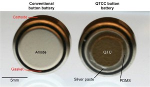 At left, a typical button battery; at right, a button battery coated with quantum tunneling composite (QTC).Credit: Bryan Laulicht/MIT