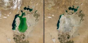 When looking at the Aral Sea near Kazakhstan, one can see climate change in action. The photo to the left was taken in 2000. The photo to the right depicts what the sea looked like in 2014 due to the extremely hot and dry summers.Image: NASA